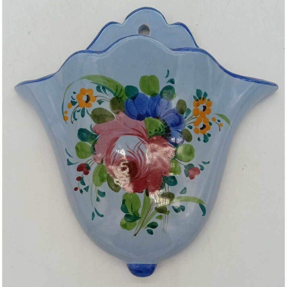 Vintage Italian Majolica Pottery Hand Painted Blue Floral Wall Pocket Vase 8"